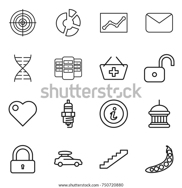 thin line icon set\
: target, circle diagram, statistics, mail, dna, server, add to\
basket, unlock, heart, spark plug, info, goverment house, lock, car\
baggage, stairs, peas