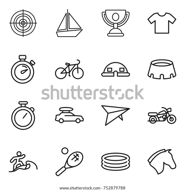 thin line icon set :\
target, boat, trophy, t shirt, stopwatch, bike, dome house,\
stadium, car baggage, deltaplane, motorcycle, surfer, tennis,\
inflatable pool, horse