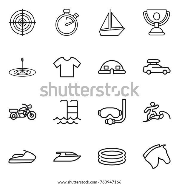 Thin line icon set : target,\
stopwatch, boat, trophy, t shirt, dome house, car baggage,\
motorcycle, pool, diving mask, surfer, jet ski, yacht, inflatable,\
horse