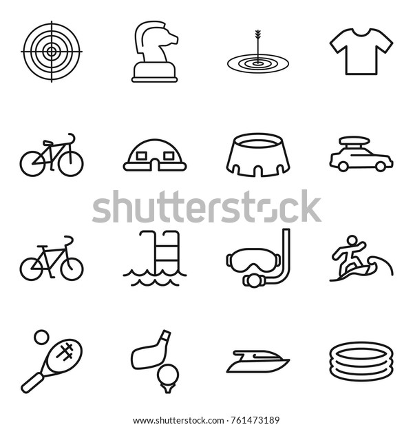 Thin line icon set : target, chess\
horse, t shirt, bike, dome house, stadium, car baggage, pool,\
diving mask, surfer, tennis, golf, yacht,\
inflatable