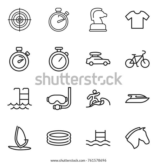 Thin line icon set : target, stopwatch, chess\
horse, t shirt, car baggage, bike, pool, diving mask, surfer,\
yacht, windsurfing,\
inflatable