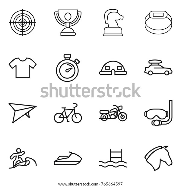 Thin line
icon set : target, trophy, chess horse, smart bracelet, t shirt,
stopwatch, dome house, car baggage, deltaplane, bike, motorcycle,
diving mask, surfer, jet ski,
pool