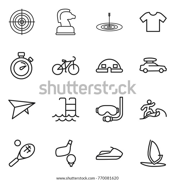 Thin line icon set : target,
chess horse, t shirt, stopwatch, bike, dome house, car baggage,
deltaplane, pool, diving mask, surfer, tennis, golf, jet ski,
windsurfing