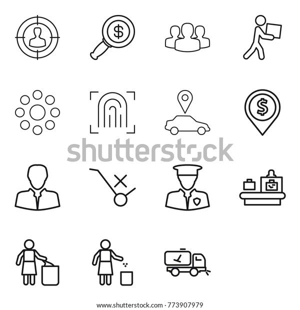 Thin\
line icon set : target audience, dollar magnifier, group, courier,\
round around, fingerprint, car pointer, pin, client, do not trolley\
sign, security man, baggage checking, garbage\
bin