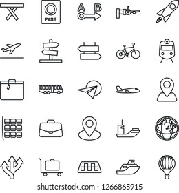 Thin Line Icon Set - taxi vector, departure, suitcase, baggage trolley, airport bus, train, signpost, passport, boarding, plane, seat map, case, picnic table, bike, route, navigation, pin, rocket