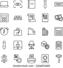 Thin Line Icon Set - taxi vector, bomb in case, passport, dollar sign, tie, crisis graph, document reload, printer, contract, cash, calculator, alarm, download, clipboard, copybook, notebook pc