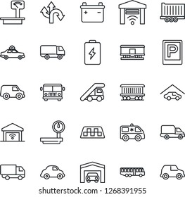 Thin Line Icon Set - taxi vector, airport bus, parking, alarm car, ladder, ambulance, route, railroad, truck trailer, delivery, heavy scales, garage, gate control, battery