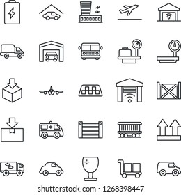 Thin Line Icon Set - taxi vector, departure, airport bus, plane, luggage scales, building, ambulance car, railroad, delivery, container, fragile, cargo, up side sign, package, heavy, garage, moving