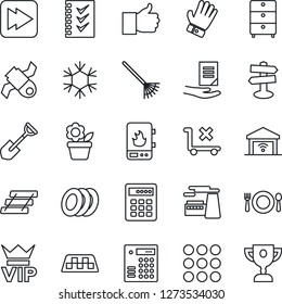 Thin Line Icon Set - taxi vector, vip, document, factory, flower in pot, shovel, rake, glove, signpost, satellite, no trolley, archive chest, finger up, fast forward, menu, checklist, paper tray