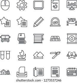 Thin Line Icon Set - taxi vector, airport bus, ticket office, mouse, statistic monitor, document reload, pruner, fire, blood test vial, oil barrel, tv, favorites list, settings, hr, phone, pencil