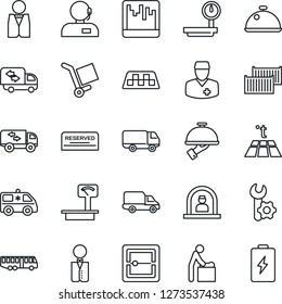 Thin Line Icon Set - taxi vector, airport bus, baby room, reception, ambulance car, doctor, cargo container, delivery, heavy scales, scanner, root setup, support, moving, waiter, dish, reserved