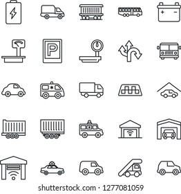 Thin Line Icon Set - taxi vector, airport bus, parking, alarm car, ladder, ambulance, route, railroad, truck trailer, delivery, heavy scales, garage, gate control, battery
