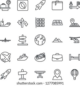 Thin Line Icon Set - taxi vector, suitcase, plane, helicopter, seat map, luggage scales, case, route, navigation, earth, pin, sea shipping, compass, mountains, bedroom, table, rocket, guidepost