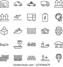 Thin Line Icon Set - taxi vector, departure, escalator, alarm car, baggage larry, plane, globe, railroad, traffic light, sea shipping, cargo container, delivery, consolidated, up side sign, package