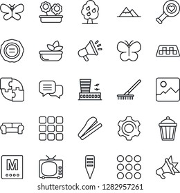 Thin Line Icon Set - taxi vector, airport building, stamp, rake, butterfly, plant label, garden light, heart diagnostic, tv, dialog, menu, gallery, settings, application, stapler, fruit tree, salad