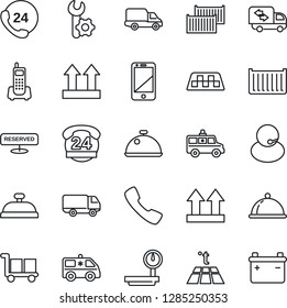 Thin Line Icon Set - taxi vector, ambulance car, office phone, 24 hours, support, cargo container, delivery, up side sign, heavy scales, cell, call, root setup, moving, dish, reserved, reception