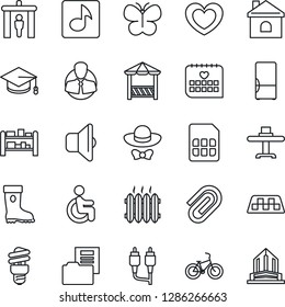 Thin Line Icon Set - taxi vector, security gate, graduate, boot, butterfly, house, heart, bike, disabled, medical calendar, client, rack, rca, sim, music, paper clip, document folder, heater, fridge