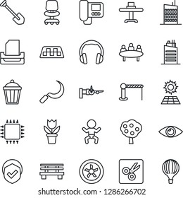 Thin Line Icon Set - taxi vector, barrier, baby, boarding, office chair, meeting, job, flower in pot, sickle, bench, garden light, eye, shield, headphones, cut, paper tray, sun panel, fruit tree