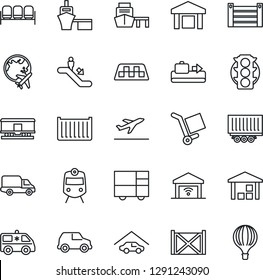 Thin Line Icon Set - taxi vector, departure, baggage conveyor, train, escalator, waiting area, plane globe, ambulance car, traffic light, truck trailer, cargo container, delivery, sea port, railroad