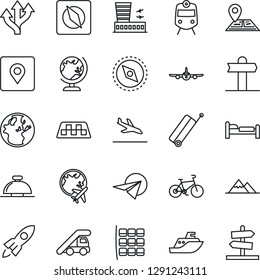 Thin Line Icon Set - taxi vector, suitcase, arrival, train, reception bell, globe, bed, ladder car, plane, seat map, airport building, bike, route, signpost, navigation, sea shipping, place tag