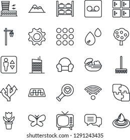 Thin Line Icon Set - taxi vector, elevator, luggage storage, airport building, checkroom, flower in pot, rake, butterfly, garden light, heart diagnostic, route, tv, dialog, menu, settings, record
