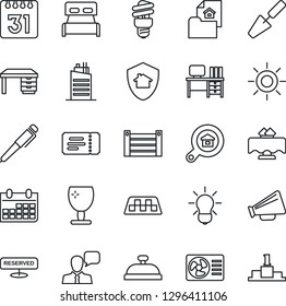 Thin Line Icon Set - taxi vector, ticket, desk, calendar, trowel, sun, container, fragile, loudspeaker, speaker, pen, estate document, search, bedroom, city house, restaurant table, reserved, bulb