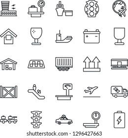 Thin Line Icon Set - taxi vector, departure, escalator, alarm car, baggage larry, luggage scales, plane globe, airport building, traffic light, sea shipping, truck trailer, port, container, fragile