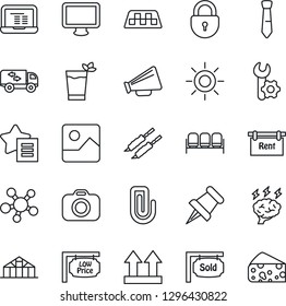Thin Line Icon Set - taxi vector, waiting area, lock, notebook pc, brainstorm, sun, greenhouse, up side sign, camera, loudspeaker, monitor, share, favorites list, paper pin, gallery, root setup, tie