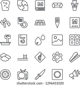 Thin Line Icon Set - taxi vector, clouds, document reload, stamp, flower in pot, plant label, route, heavy scales, gallery, settings, record, application, stapler, pool, cushioned furniture, tv