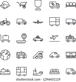 Thin Line Icon Set - taxi vector, departure, baggage conveyor, trolley, waiting area, alarm car, ladder, plane, wheelbarrow, ambulance, bike, earth, sea shipping, delivery, consolidated cargo