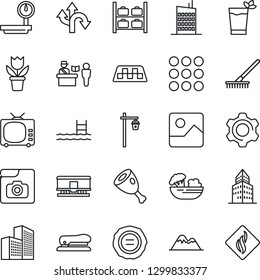 Thin Line Icon Set - taxi vector, passport control, luggage storage, stamp, flower in pot, rake, garden light, route, heavy scales, railroad, tv, menu, gallery, settings, photo, office building, ham