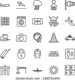 Thin Line Icon Set - taxi vector, suitcase, arrival, barrier, security gate, automatic door, train, elevator, escalator, vip, alarm car, stamp, washer, camera, fork loader, border cone, sun, wind