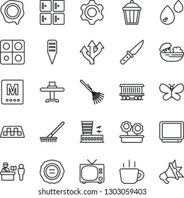 Thin Line Icon Set - taxi vector, passport control, tv, airport building, checkroom, coffee, stamp, rake, butterfly, plant label, garden light, route, railroad, settings, application, flower in pot