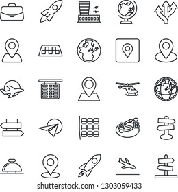 Thin Line Icon Set - taxi vector, arrival, signpost, reception bell, globe, helicopter, seat map, flight table, airport building, case, route, navigation, pin, plane, place tag, rocket, earth, paper