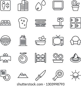 Thin Line Icon Set - taxi vector, elevator, tv, luggage storage, checkroom, document reload, flower in pot, heart diagnostic, railroad, heavy scales, office building, mountains, cushioned furniture