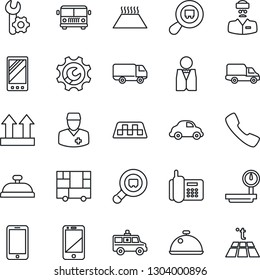 Thin Line Icon Set - Taxi Vector, Airport Bus, Mobile Phone, Ambulance Car, Doctor, Office, Delivery, Consolidated Cargo, Up Side Sign, Heavy Scales, Search, Cell, Call, Root Setup, Waiter, Dish