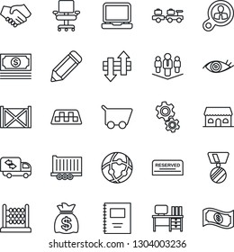 Thin Line Icon Set - taxi vector, baggage larry, medal, desk, money bag, pencil, eye, cash, truck trailer, container, laptop pc, network, data exchange, copybook, abacus, office chair, company, gear