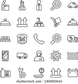 Thin Line Icon Set - taxi vector, baby room, office phone, 24 hours, support, cargo container, car delivery, up side sign, heavy scales, search, mobile, call, root setup, moving, waiter, reception