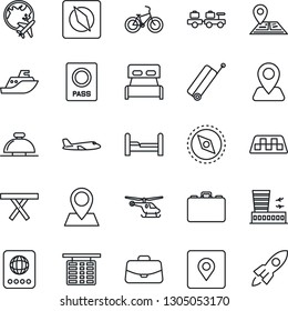 Thin Line Icon Set - taxi vector, suitcase, reception bell, passport, baggage larry, plane, helicopter, flight table, globe, airport building, case, picnic, bike, navigation, pin, sea shipping