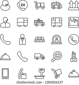 Thin Line Icon Set - taxi vector, phone, baby room, reception, ambulance car, office, 24 hours, support, delivery, consolidated cargo, up side sign, heavy scales, search, mobile, call, scanner, dish