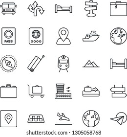Thin Line Icon Set - taxi vector, suitcase, arrival, baggage conveyor, trolley, airport bus, train, signpost, passport, bed, building, case, route, navigation, earth, sea shipping, place tag