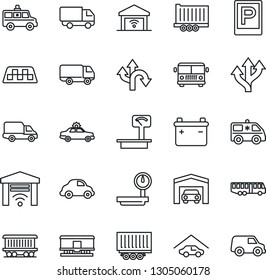 Thin Line Icon Set - taxi vector, airport bus, parking, alarm car, ambulance, route, railroad, truck trailer, delivery, heavy scales, garage, gate control, battery
