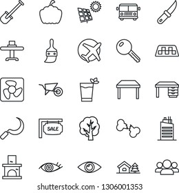 Thin Line Icon Set - taxi vector, airport bus, desk, shovel, tree, wheelbarrow, sickle, garden knife, pumpkin, fireplace, eye, broken bone, plane, themes, house with, sun panel, sale, key, table