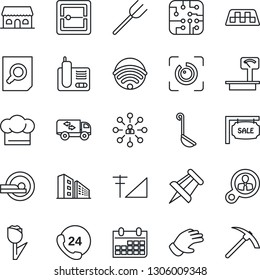 Thin Line Icon Set - taxi vector, hierarchy, document search, drawing pin, calendar, farm fork, glove, tomography, 24 hours, tulip, heavy scales, radio phone, scanner, eye id, cellular signal, sale