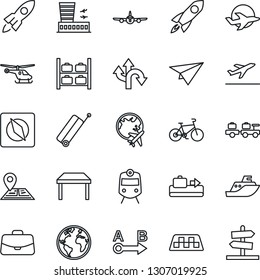 Thin Line Icon Set - taxi vector, suitcase, departure, baggage conveyor, train, larry, plane, helicopter, luggage storage, globe, airport building, case, bike, route, navigation, earth, sea shipping