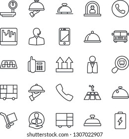 Thin Line Icon Set - taxi vector, airport bus, phone, reception bell, office, client, consolidated cargo, up side sign, heavy scales, search, cell, call, scanner, support, waiter, dish, warm floor