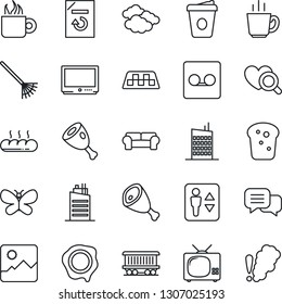 Thin Line Icon Set - taxi vector, elevator, clouds, coffee, document reload, stamp, rake, butterfly, heart diagnostic, railroad, tv, dialog, gallery, record, cushioned furniture, city house, bread