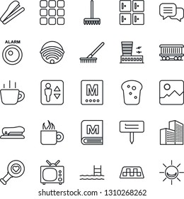 Thin Line Icon Set - taxi vector, elevator, airport building, checkroom, coffee, rake, plant label, heart diagnostic, railroad, dialog, menu, gallery, office, stapler, pool, tv, wireless, bread