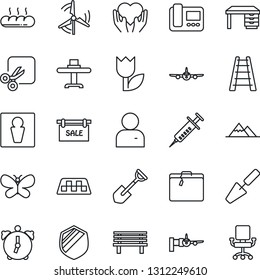 Thin Line Icon Set - taxi vector, suitcase, male, plane, boarding, desk, trowel, shovel, ladder, butterfly, bench, syringe, heart hand, tulip, shield, user, alarm, cut, windmill, mountains, sale