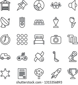 Thin Line Icon Set - taxi vector, contract, pennant, circle chart, satellite, tulip, antenna, camera, microphone, speaker, gamepad, menu, drawing pin, fruit tree, bedroom, alcove, ladle, police, car